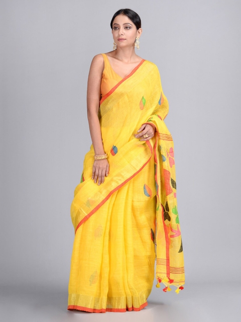 

Mitera Yellow Pure Linen Printed Taant Saree