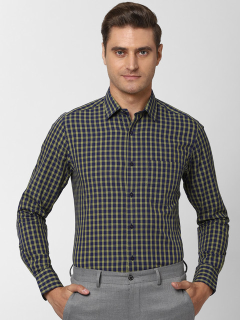 

Peter England Men Navy Blue & Fluorescent Green Regular Fit Checked Formal Shirt