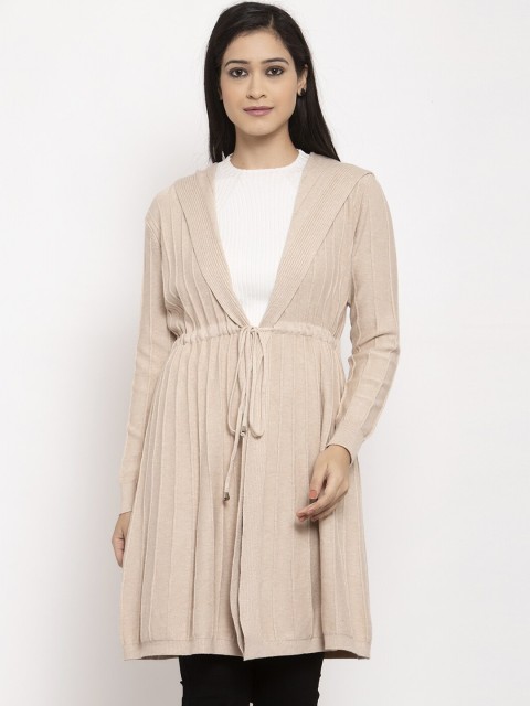 

Global Republic Women Beige Stripe Patterned Hooded Longline Front Open Cardigan