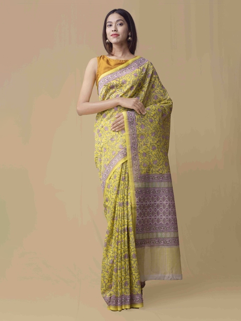 

Unnati Silks Yellow Silk Cotton Printed Chanderi Saree