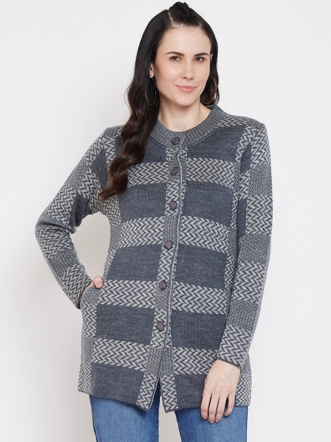 

NEVA Women Grey Geometric Self Design Cardigan