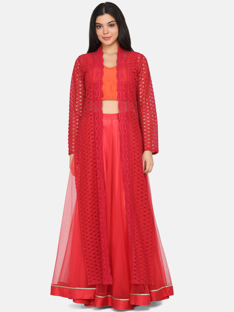 

Ojjasvi Women Red Self Design Open Front Jacket