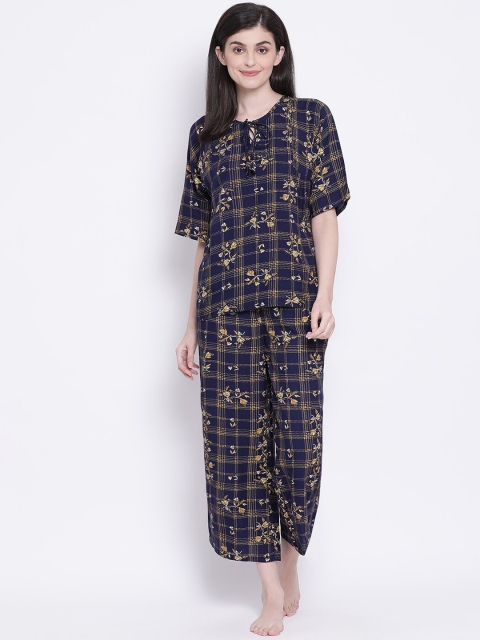 

Clovia Women Navy Blue & Yellow Floral Printed Night Suit