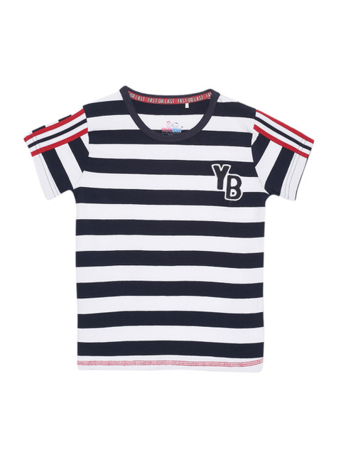 

YOUNG BIRDS Boys Navy Blue Striped Round Neck T-shirt