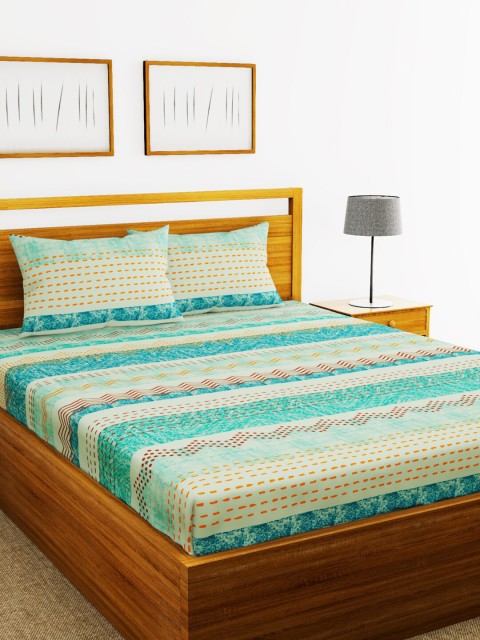 

BIANCA Blue & Orange Striped 180 TC Cotton 1 King Bedsheet with 2 Pillow Covers