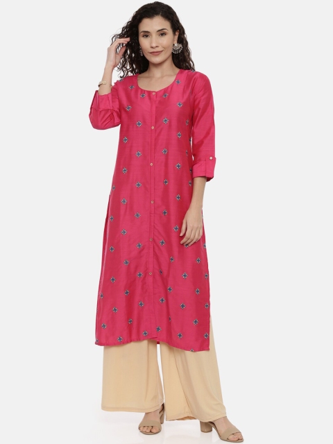 

GOLDSTROMS Women Fuchsia Pink Embroidered Straight Kurta