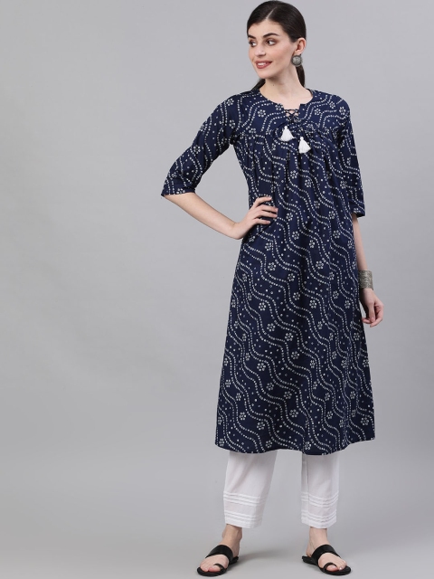 

AASI - HOUSE OF NAYO Women Navy Blue & White Printed Kurta with Trousers