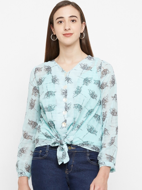 

109F Women Blue Floral Printed Shirt Style Top