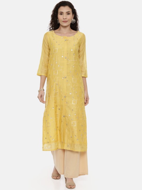 

GOLDSTROMS Women Yellow & Silver-Coloured Embroidered Straight Kurta