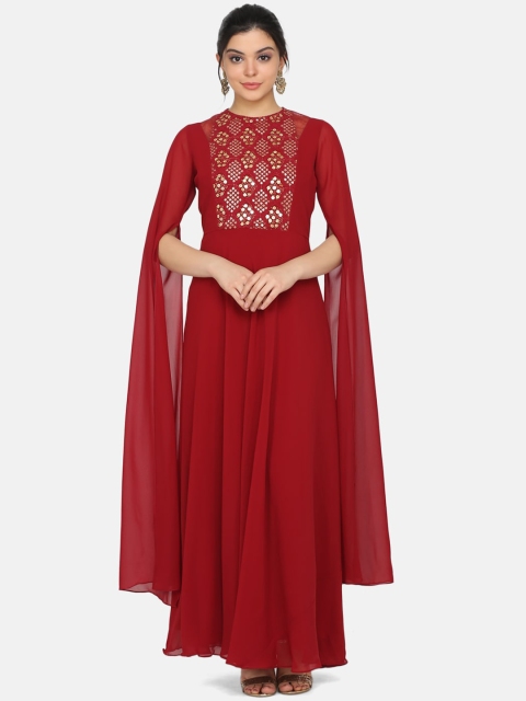 

Ojjasvi Women Maroon Embellished Maxi Dress