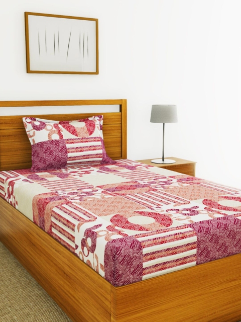 BIANCA Burgundy & Beige Geometric 110 TC Cotton 1 Single Bedsheet with 1 Pillow Covers