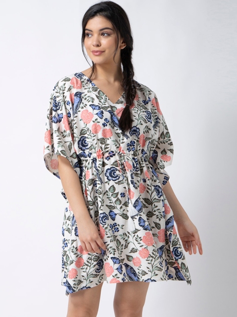 

ADORENITE Women White & Blue Printed Kaftan Nightdress