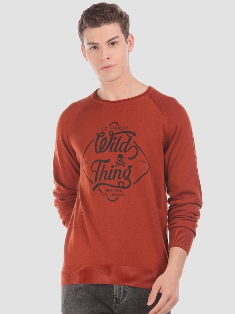 

Ed Hardy Men Brown & Black Printed Pullover Sweater