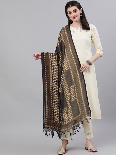 

AASI - HOUSE OF NAYO Women Cream-Coloured & Brown Solid Kurta with Trousers & Dupatta