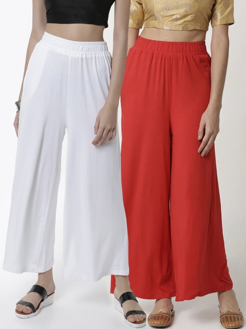 

De Moza Women Pack of 2 Red & White Solid Straight Palazzos