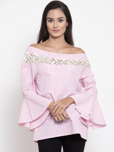 

ATRAENTA Women Pink Checked Bardot Top