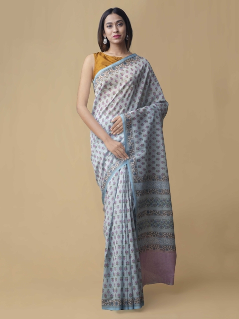 

Unnati Silks Blue Silk Cotton Printed Chanderi Saree