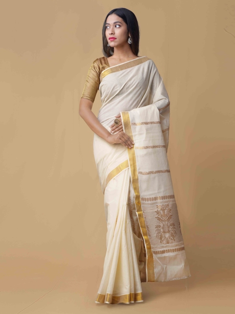 

Unnati Silks Cream-Coloured Pure Cotton Woven Design Kasavu Saree