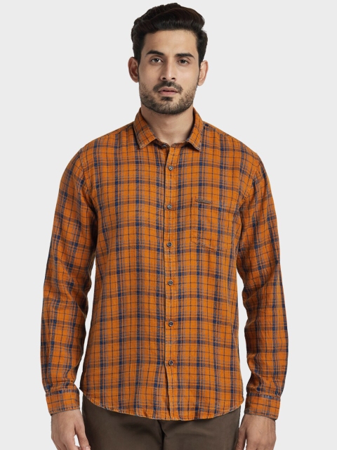 

ColorPlus Men Mustard Yellow & Blue Slim Fit Checked Casual Shirt