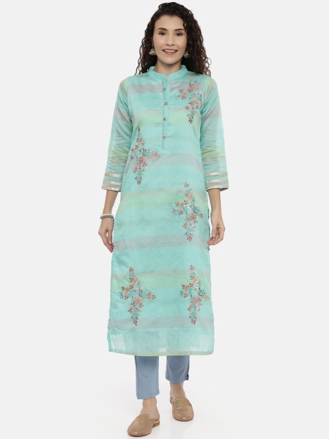

GOLDSTROMS Women Blue Floral Embroidered Chanderi Cotton Straight Kurta
