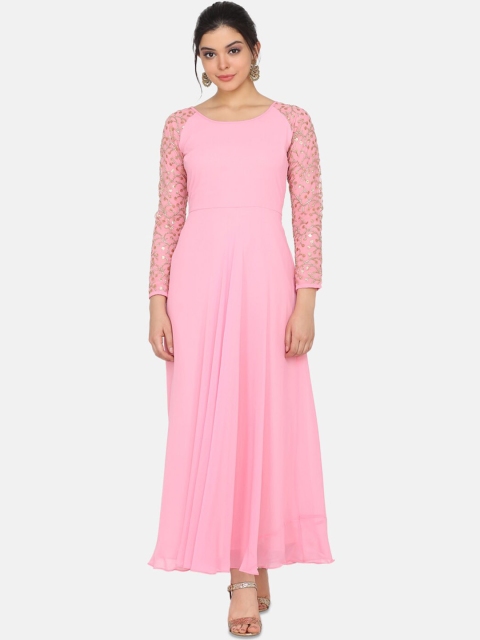 

Ojjasvi Women Pink Embroidered Maxi Dress