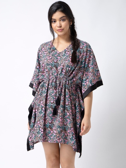 

ADORENITE Women Black & Pink Floral Printed Kaftan Nightdress