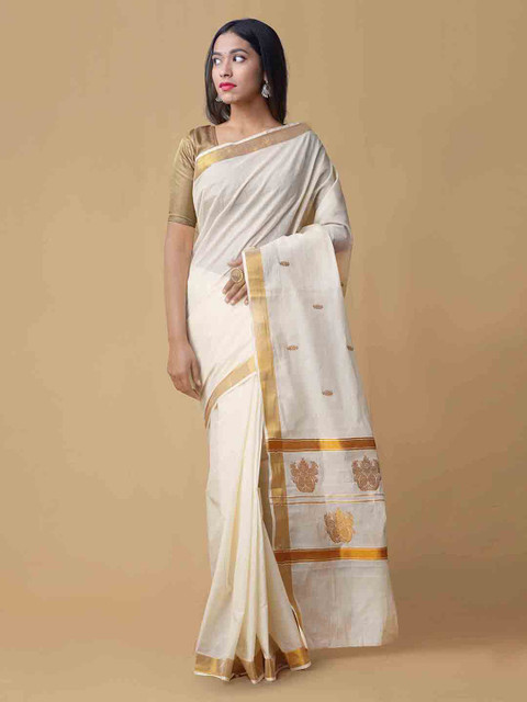 

Unnati Silks Cream-Coloured Pure Cotton Woven Design Kasavu Saree