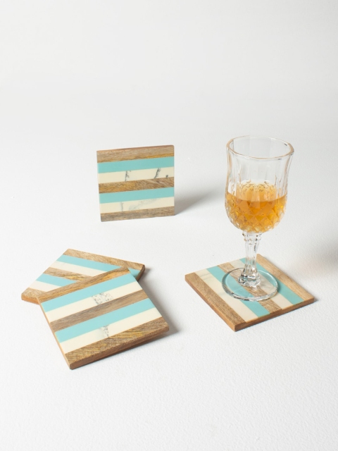 

CASA DECOR Set of 4 Beige & Blue Striped Coasters