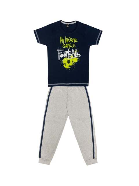 

Todd N Teen Boys Navy Blue & Grey Melange Printed T-Shirt With Pyjamas