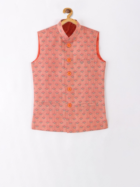

NAMASKAR Boys Rust-Red & Orange Printed Woven Silk Nehru Jacket