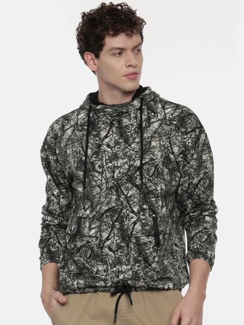 

Breakbounce Men Olive Green Printed Hooded Sweatshirt