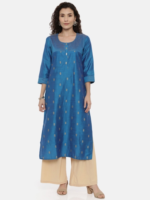 

GOLDSTROMS Women Blue & Gold-Toned Embroidered Straight Kurta