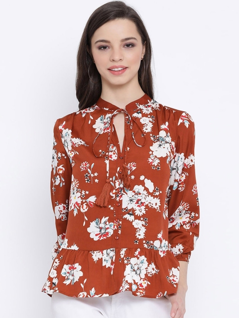 

Oxolloxo Women Rust Floral Printed Peplum Top