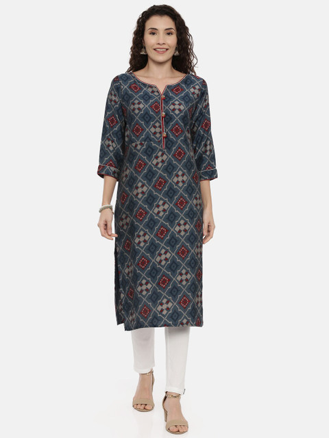 

GOLDSTROMS Women Blue & Beige Printed Straight Kurta