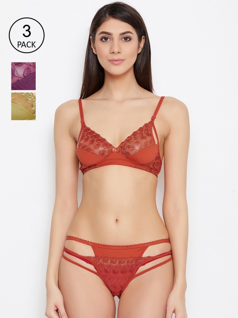 

ALIZA Women Pack of 3 Lace Bridal Bikini Lingerie Set 30.PUR.GRN.RED_331477, Purple