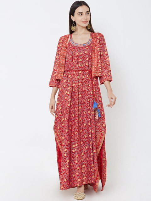 

FASHOR Women Red Floral Printed Maxi Dress with Jacket