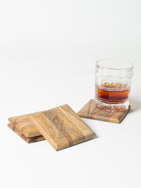 

CASA DECOR Beige 4 Pcs Solid Classic Square Wooden Coaster Set