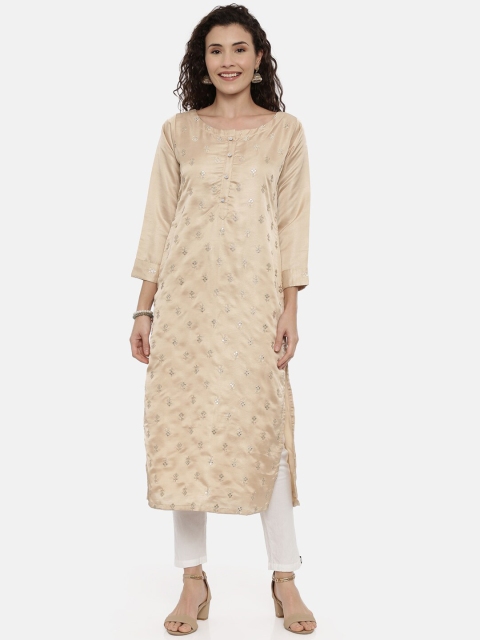 

GOLDSTROMS Women Beige & Silver-Coloured Embroidered Straight Kurta