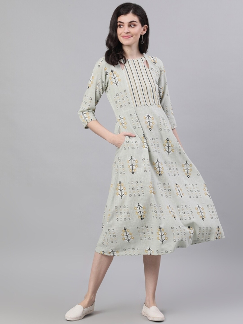 

AASI - HOUSE OF NAYO Women Green Printed Fit and Flare Dress