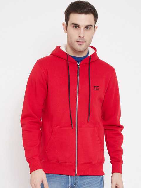 

Okane Men Red Solid Hooded Sweatshirt