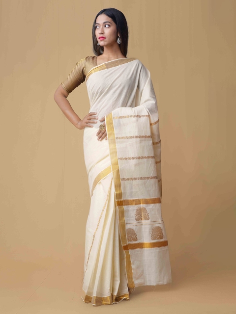 

Unnati Silks Cream-Coloured Pure Cotton Solid Kasavu Saree