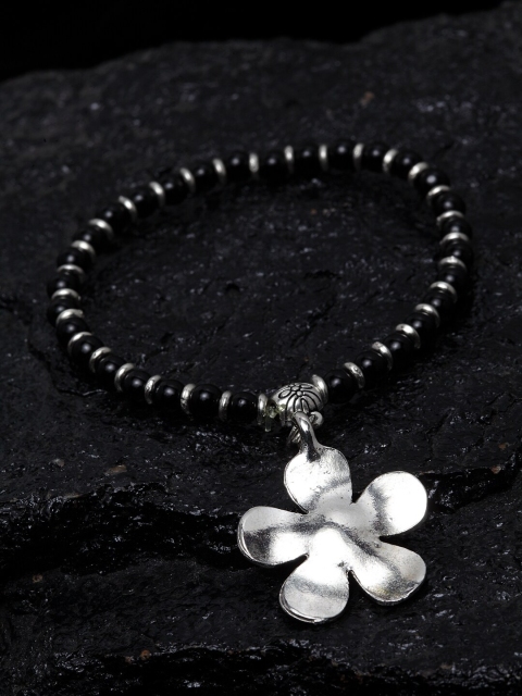 

PANASH Oxidized Silver-Plated & Black Beaded Anklet