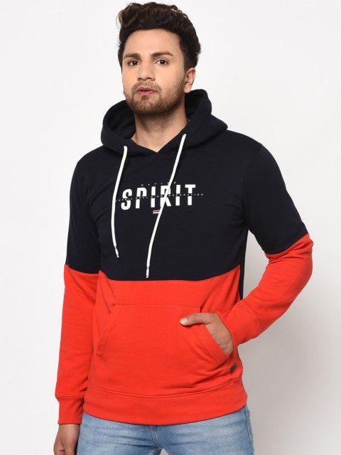 

98 Degree North Men Navy Blue Colourblocked Hooded Sweatshirt