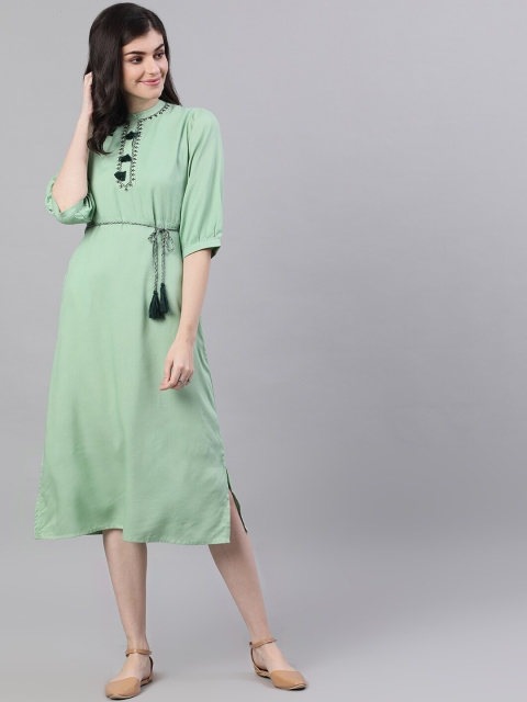 

AASI - HOUSE OF NAYO Women Green Solid Fit and Flare Dress with Embroidered Yoke