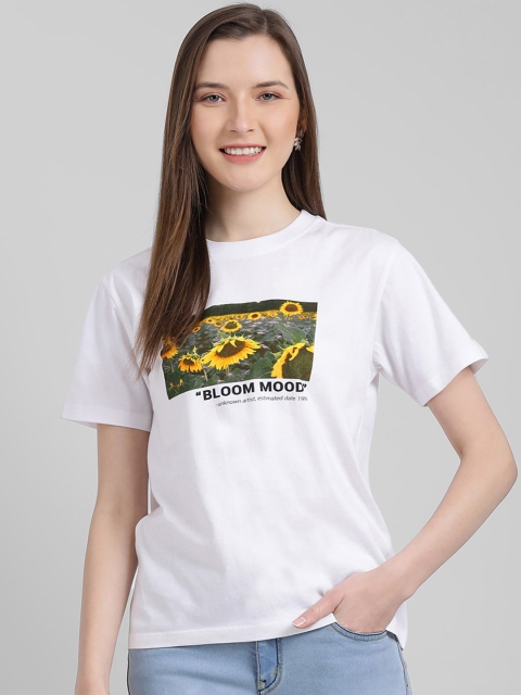 

Zink London Women White Printed Round Neck Pure Cotton T-shirt