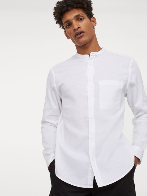 

H&M Men White Solid Cotton Grandad Shirt