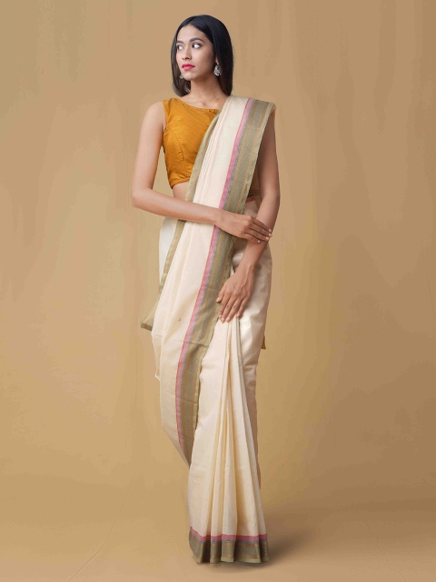 

Unnati Silks Cream-Coloured Solid Pure Cotton Saree