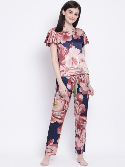

Clovia Women Navy Blue & Pink Floral Printed Night Suit
