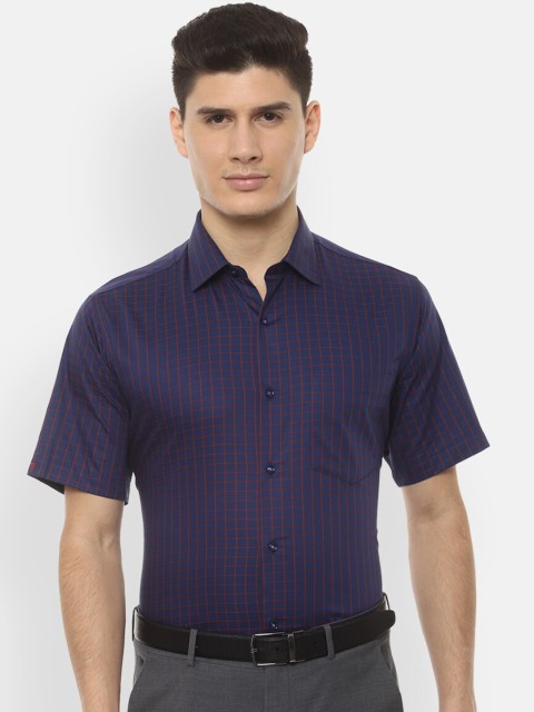 Van Heusen Men Navy Blue & Red Regular Fit Checked Formal Shirt