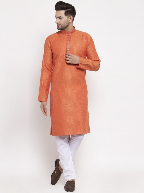 

Jompers Men Orange & White Self Design Kurta with Pyjamas